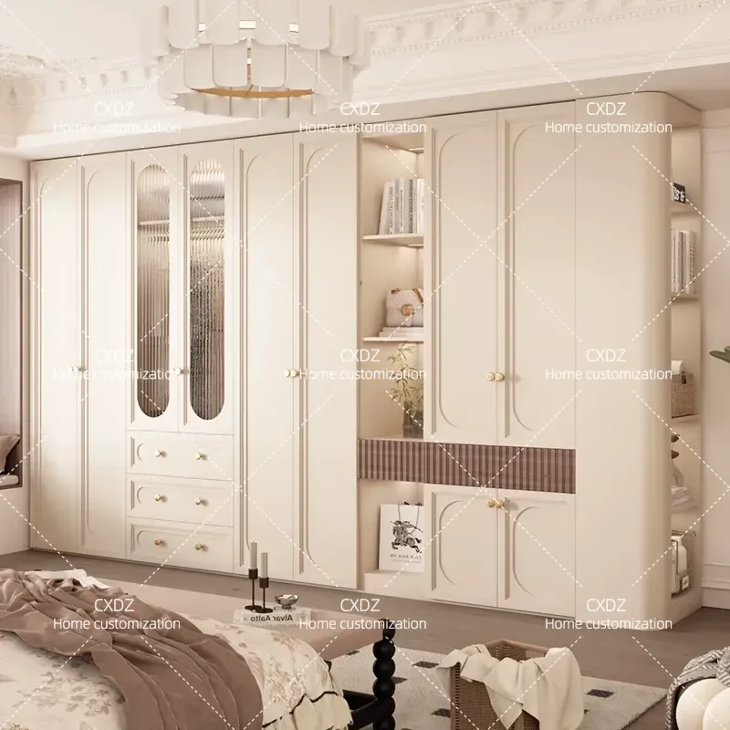 Large Wardrobe Combination Glass Door Home Bedroom Cream Style Whole House Custom American Retro