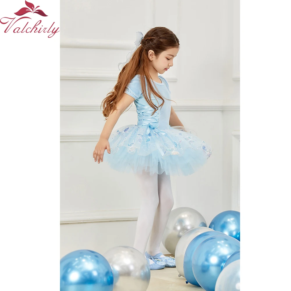 Short Sleeves Girls Blue Ballet Dress Tutu Kids Leotard Classic Dance Costume Children Clothing for Winter