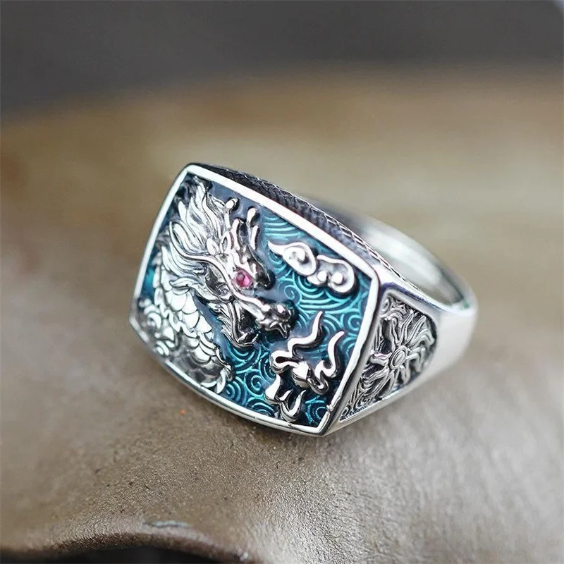 Ethnische Stil Relief Tier Ring Männer Schmuck Vintage Auspicious Wolken Drachen Ring Männliche Zeigefinger Zubehör Einstellbar