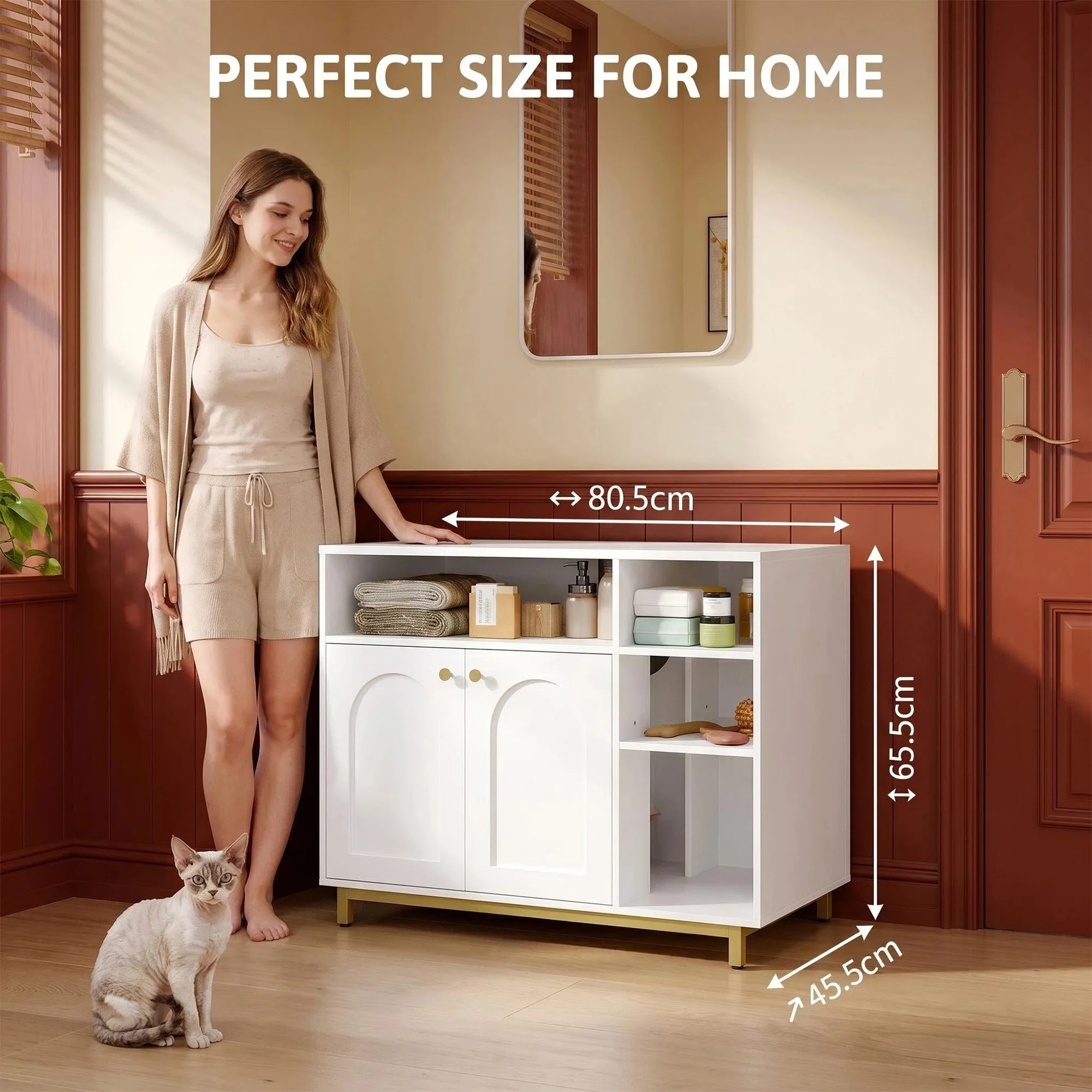 Meuble de toilette pour chat de luxe blanc et doré, avec bac à litière dissimulé, taille élargie, étagère de rangement double couche pour fournitures pour animaux, pieds en métal doré robustes et antidérapants, clôture surélevée pour éviter le dépoussiérage et les éclaboussures, meuble de toilette pour chat fermé et anti-odeurs.