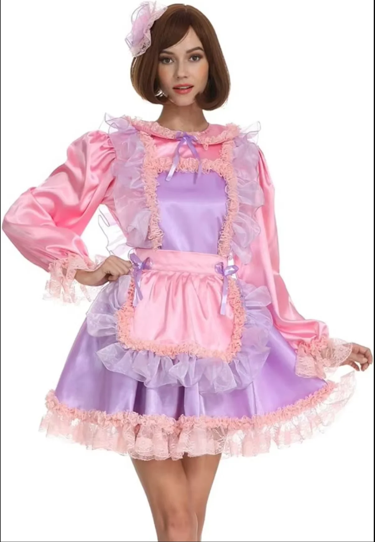 

French Sexy Adult Custom Fetishist Cross Dressing Sissy Pink Purple Patchwork Long Sleeved Lace Cuffs Pleated Skirt Hem Dress