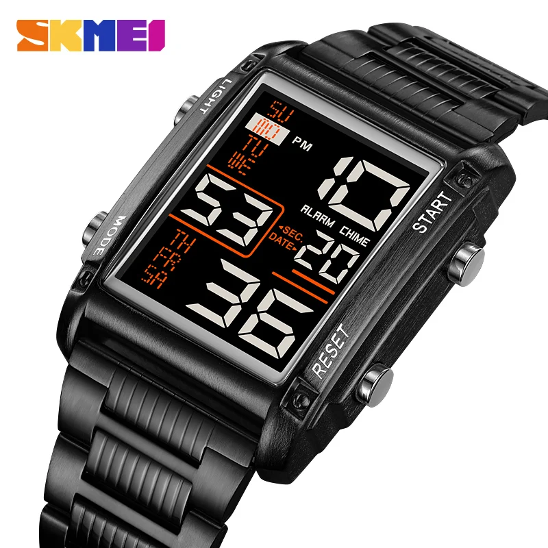 SKMEI Rectangle Men's Back Light Display Countdown Timer Digital Sport Watches Men Luxury Stainless Steel Date Alarm Wristwatch