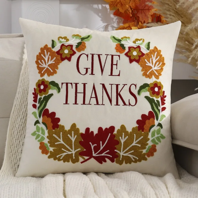 45x45cm Halloween Autumn Pumpkin Maple Leaf Embroidery Throw Pillow Cover Square Decor Cushion Case for Fall Home Decor