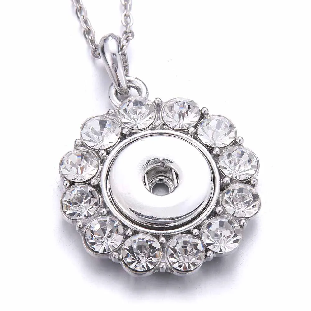 2022 New Round Snap Jewelry Necklaces Metal White Rhinestone Crystal 18mm Snap Button Necklace for Women Snaps Pendant Necklace