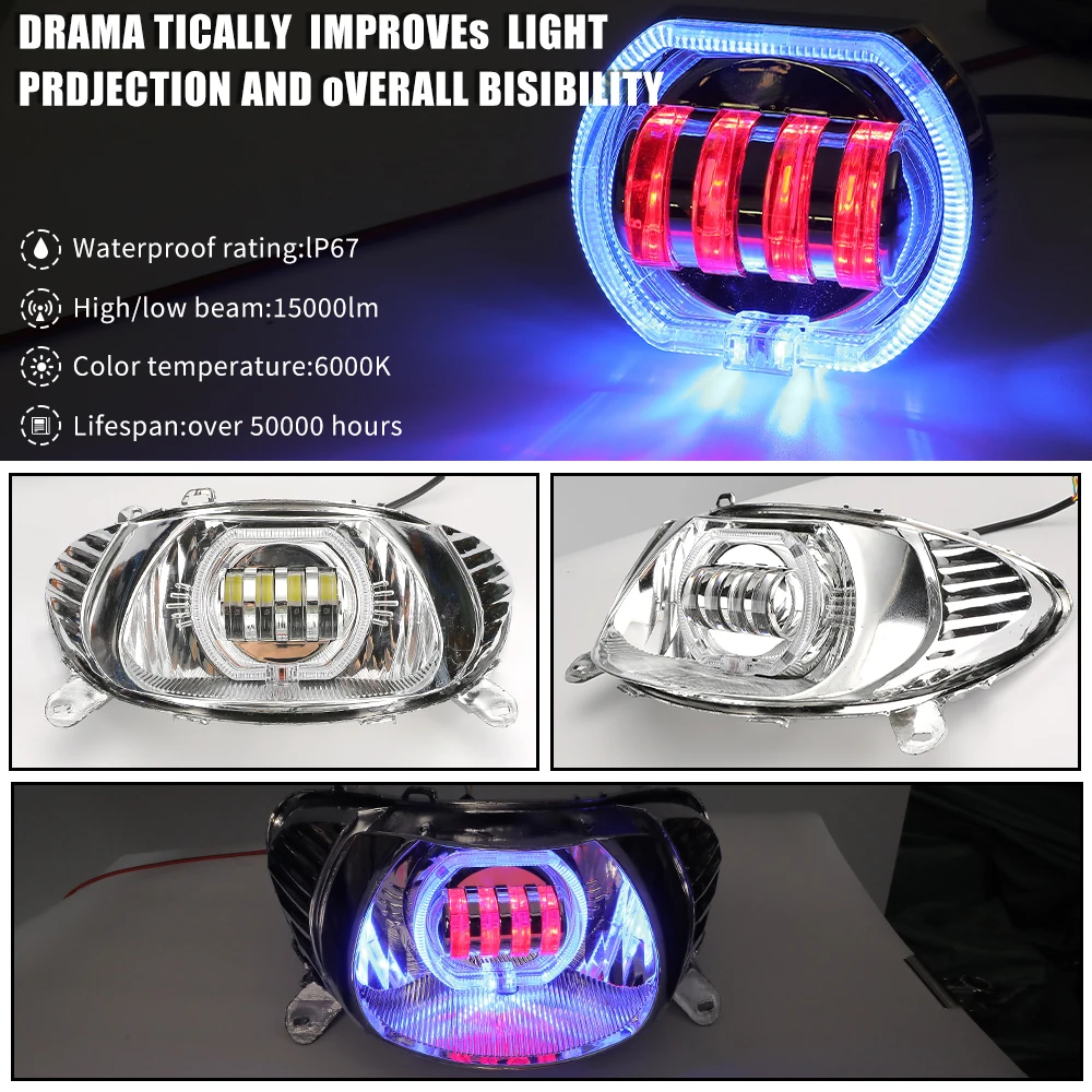 

Motorcycle Modification LED Headlights with Built-in 4-piece Dual Aperture High and Low Beam Spotlights for Angel and Demon Eyes