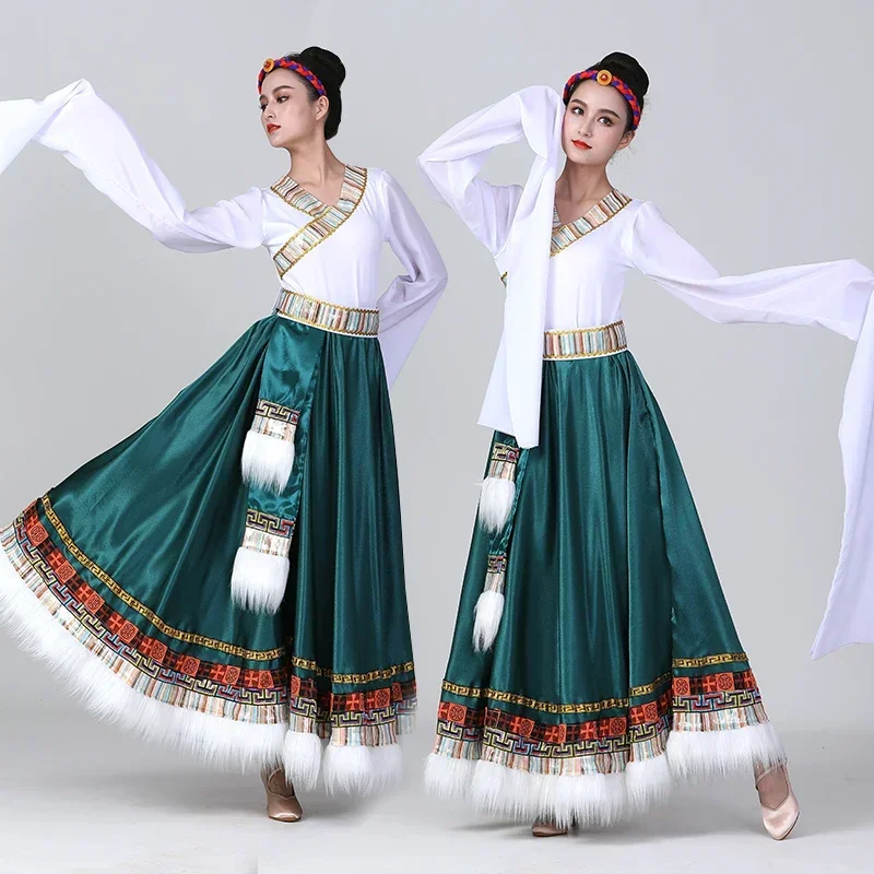 Sukienka do tańca tybetańskiego damska letnia spódnica nowy strój egzamin artystyczny strój narodowy sukienka do ćwiczeń z rękawami