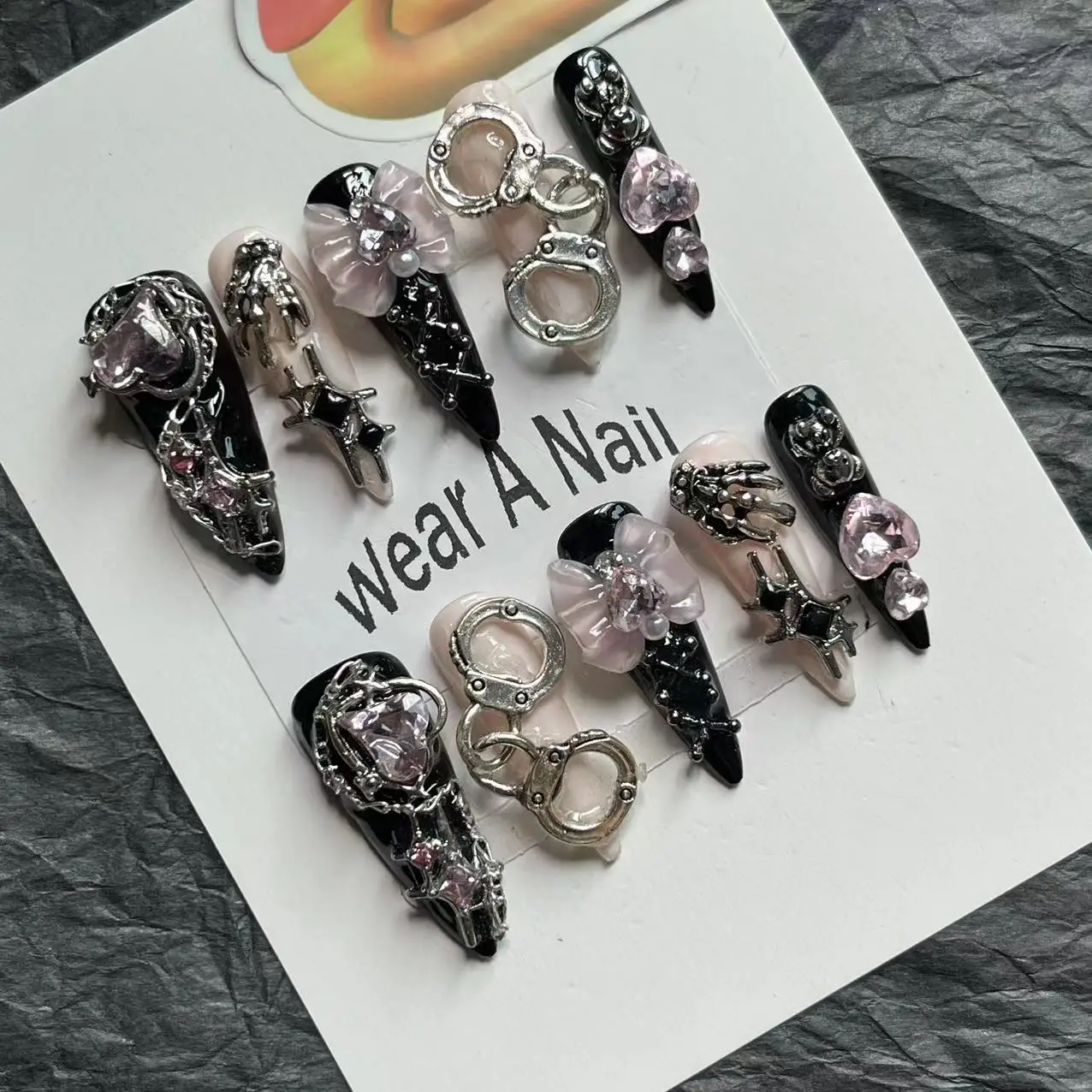 10pcs Handmade Press on Nails Pink y2k Black Gothic Sweet Reusable Full Cover Stiletto Long Coffin Nail Tip Charm Nails Art