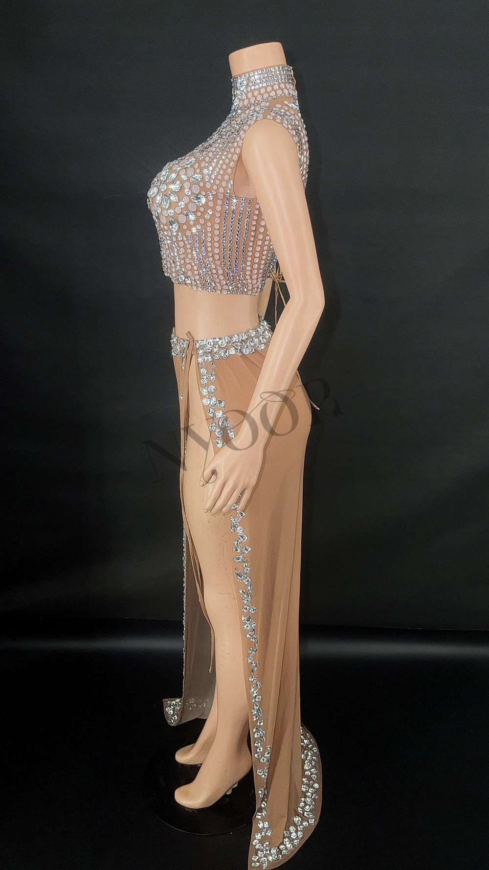 Sparkly Rhinestones Crop Top High Split Long Skirt for Women Sexy Mesh Celebrate Evening Prom Birthday Dress Photo Shoot Wear