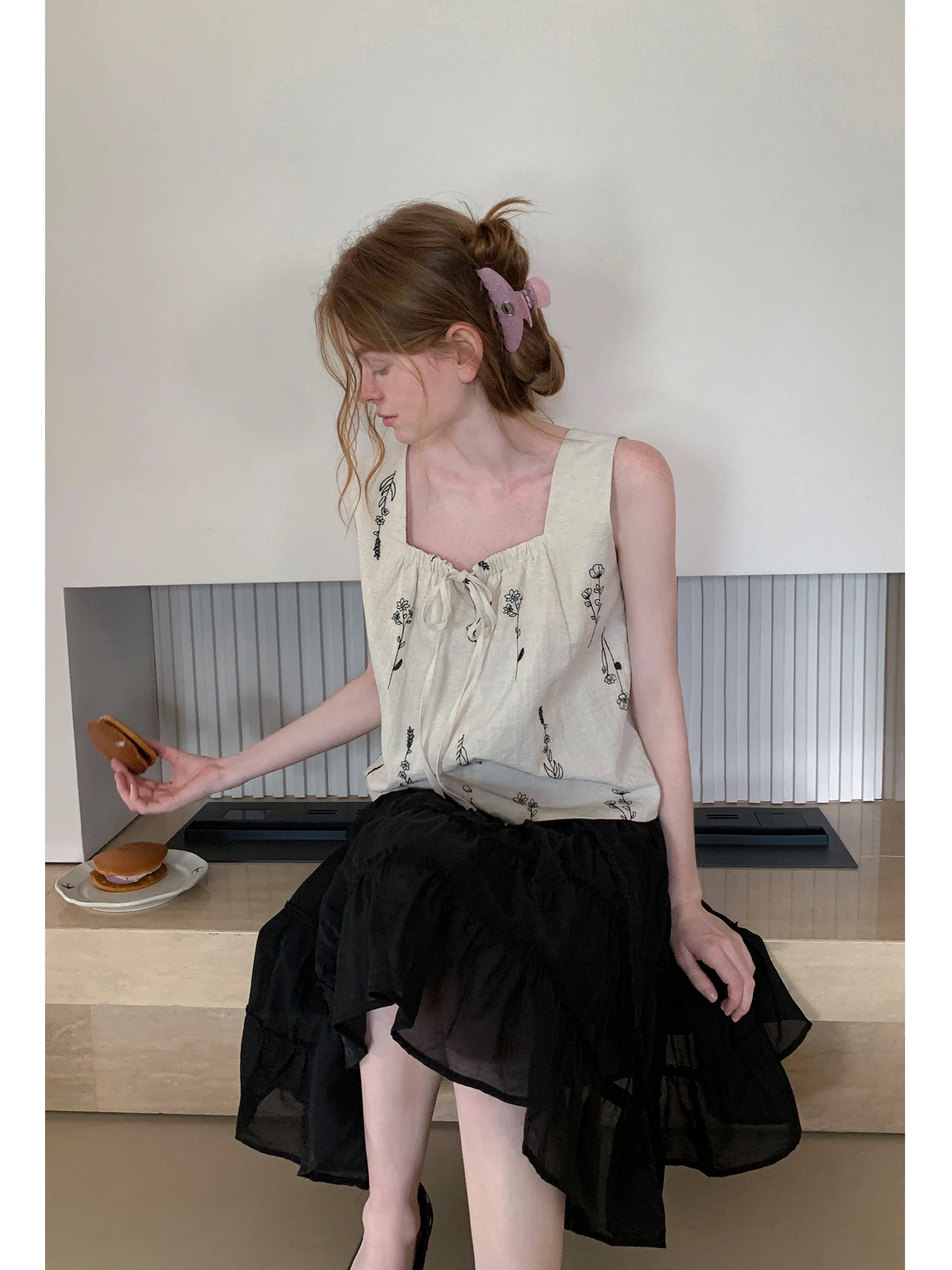 

Eggka Plant Series, жилет с вышивкой и квадратным воротником, верхняя одежда, светло-бежевый свободный утягивающий повседневный топ, женская мода