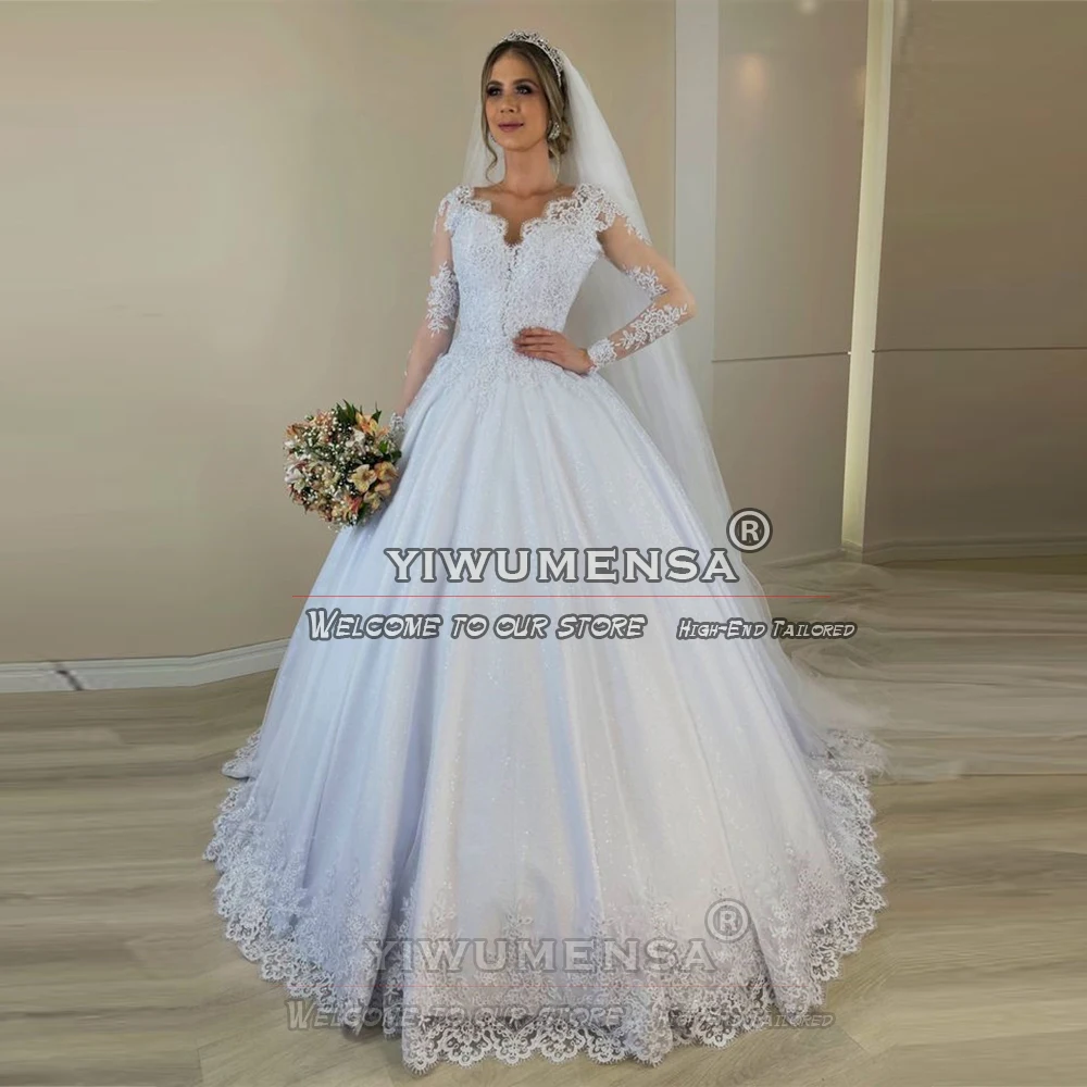 Robe de mariée blanche à col rond et manches longues, effet d'illusion de mariage, bon marché