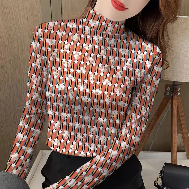 Women\'s New Pullover Half High Neck Bottom T-shirt Fashion Polka Dot Autumn Winter Commute Printed Long Sleeved Stripe Slim Tops