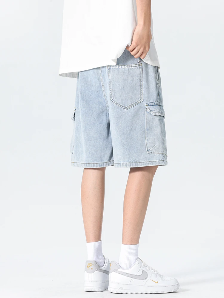 جديد الصيف الرجال الدنيم السراويل الضوء الأزرق موضة متعددة جيب فضفاض عادية البضائع السراويل الرجال 92% القطن مستقيم جينس قصير #3