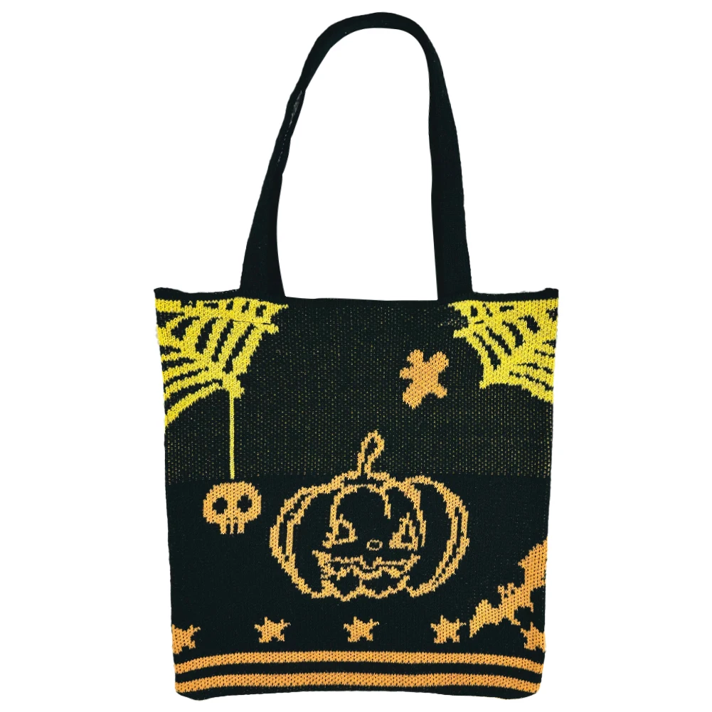 حقيبة حمل كروشيه للهالوين، حقيبة كتف ذات سعة كبيرة، حقيبة متماسكة، حقيبة بقالة، حقيبة تسوق