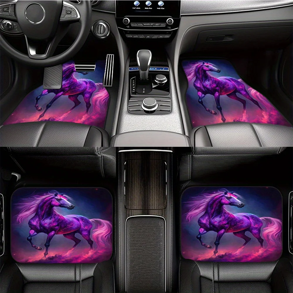 Pink Steed Pattern Fit Car Floor Mats - Non-Slip, Stain-Resistant, Thick Polyester Front & Rear Seat Pads, Machine Washable Auto