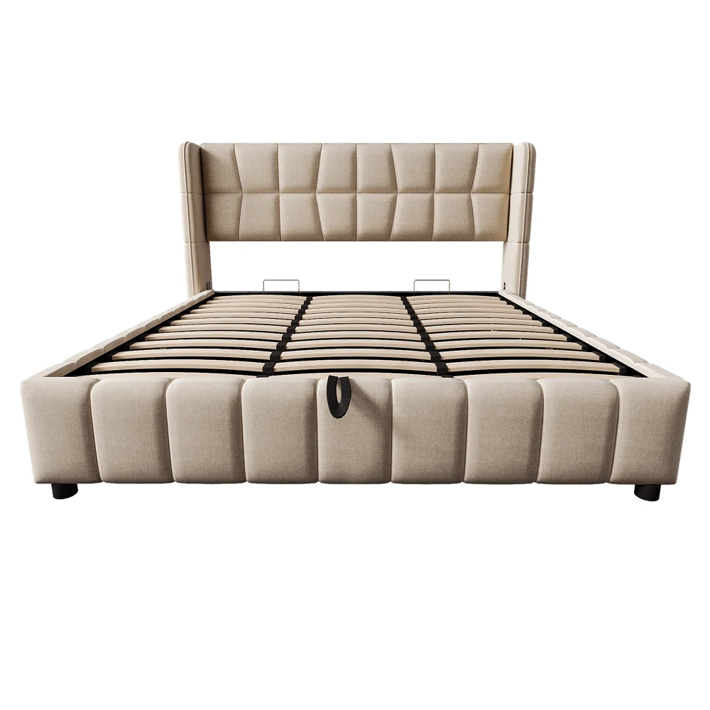 180x200cm gestoffeerd tweepersoonsbed met pneumatische opbergrail en rugleuning - linnen frame voor volwassenen en tieners (geen matras)