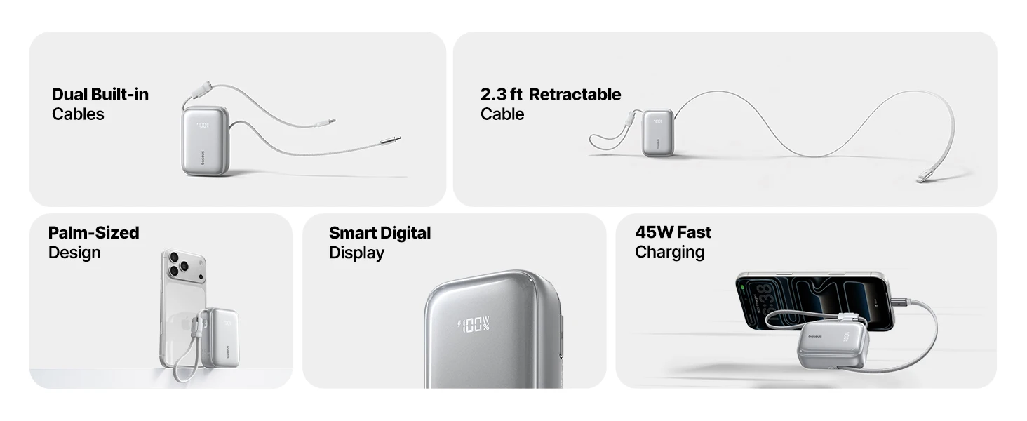 Baseus 45W Powerbank 10000mAh mit integriertem, einziehbarem USB-C-Kabel, abnehmbarem Kabel, Ladegerät 20000mAh für iPhone 18 Duo Pro Max S26 – Detail 2