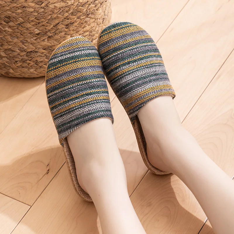 Colorful Women Striped All Season Slippers Quiet Breathable Dorms Open Heel Striped Slippers Non Slip Soft Sole Indoor Slides