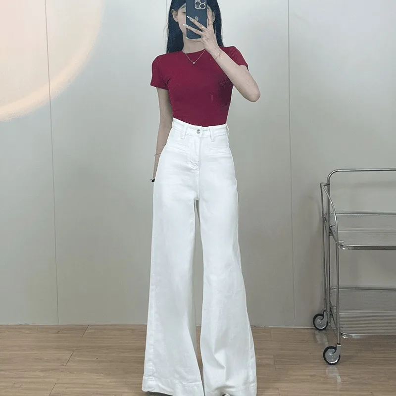 

High-waisted Slimming Wide-leg Jeans for Women Spring New Washed Retro Blue High-end Floor-length Long Pants Fashion Personality