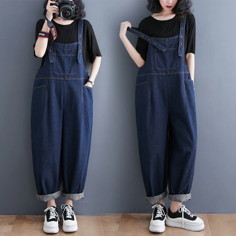 Loose Oversized Mom Jeans Overalls Women Casual Streetwear Wide Leg Denim Jumpsuit Vintage Strap Dungarees Baggy Cargo Pants