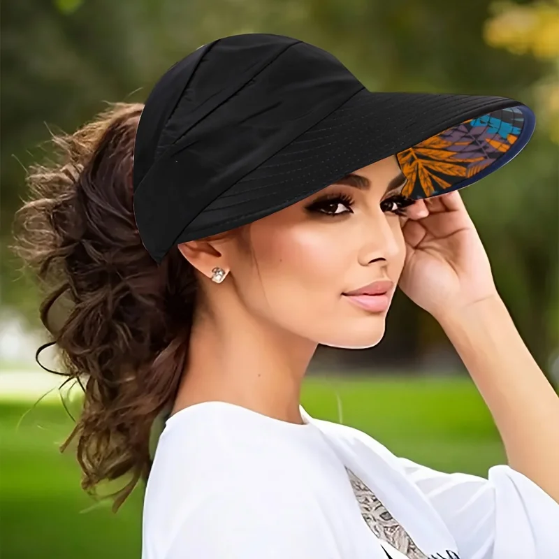 1 Stück Stilvoller Sonnenhut mit breiter Krempe und Loch für Pferdeschwanz, Bohemian-Sonnenhut-Design, Gesichtsmaske aus atmungsaktivem Polyester, geeignet für den täglichen Gebrauch.