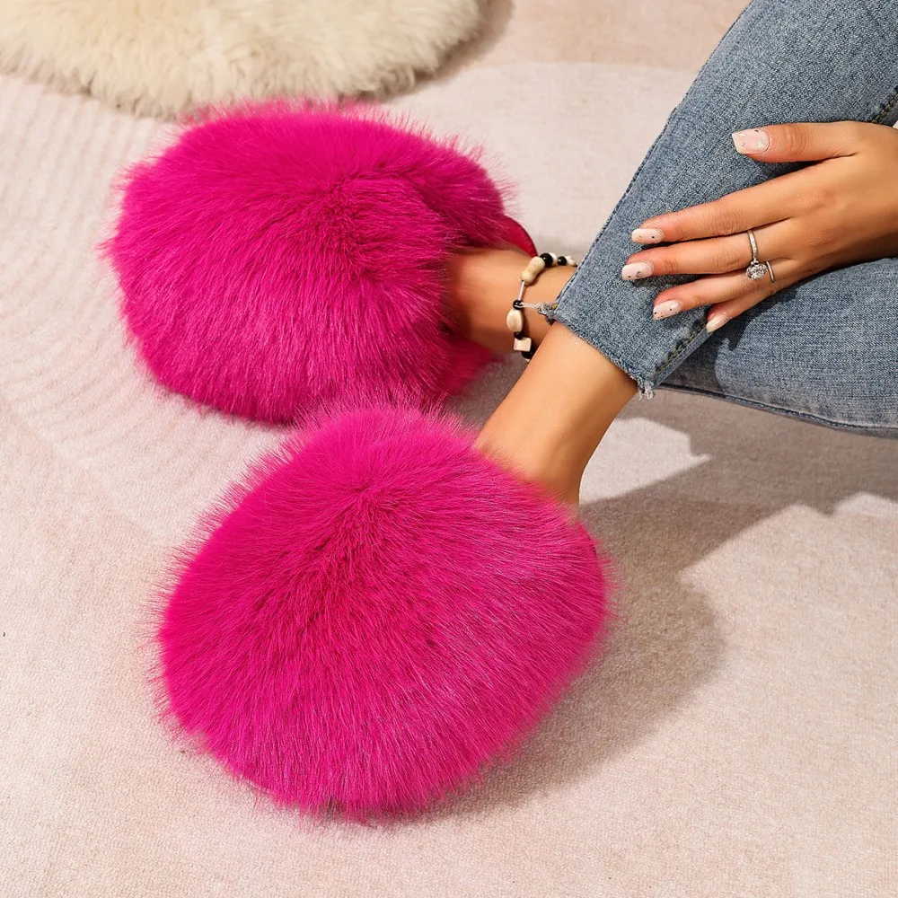 Winterfellige Damen-Hausschuhe, bequeme Flip-Flops, flache Pantoffeln, Indoor-Schlafzimmer-Plüschschuhe für Damen – Detail 21