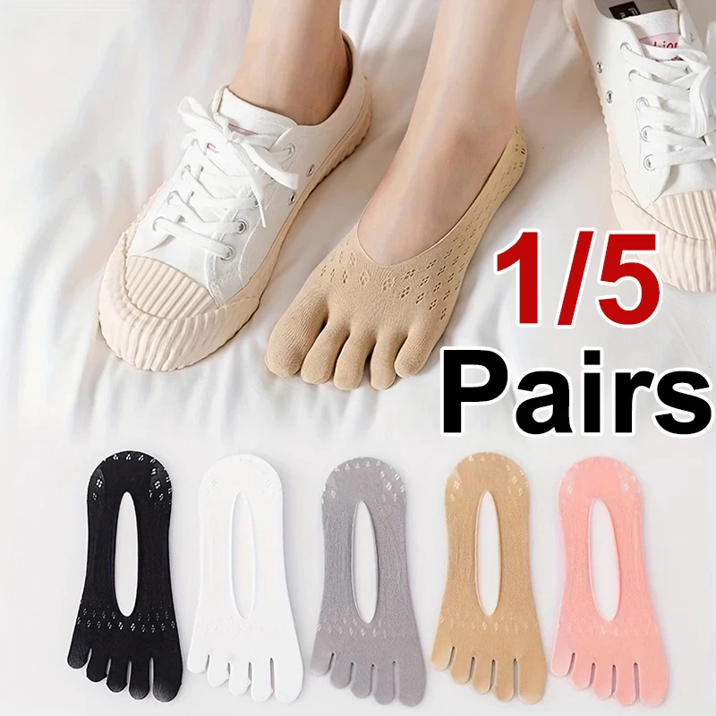 

1/5 Pairs Women Split Finger Invisible Socks Fashionable Design Summer Style Mesh Sweat Absorbing Breathable Five Toe Socks
