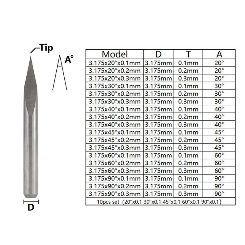 10pc Milling Cutter 3 Edge Pyramid Engraving Bit 3.175mm（1/8） Shank 20/30/40/45/60/90 Degrees CNC Router Bit Wood Milling Tool