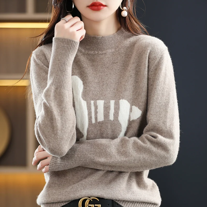 

2025 Half Turtleneck Autumn Winter New Women Sweater 100% Wool Knitted Pattern Pullover Comfortable Loose Top Women's Clothing