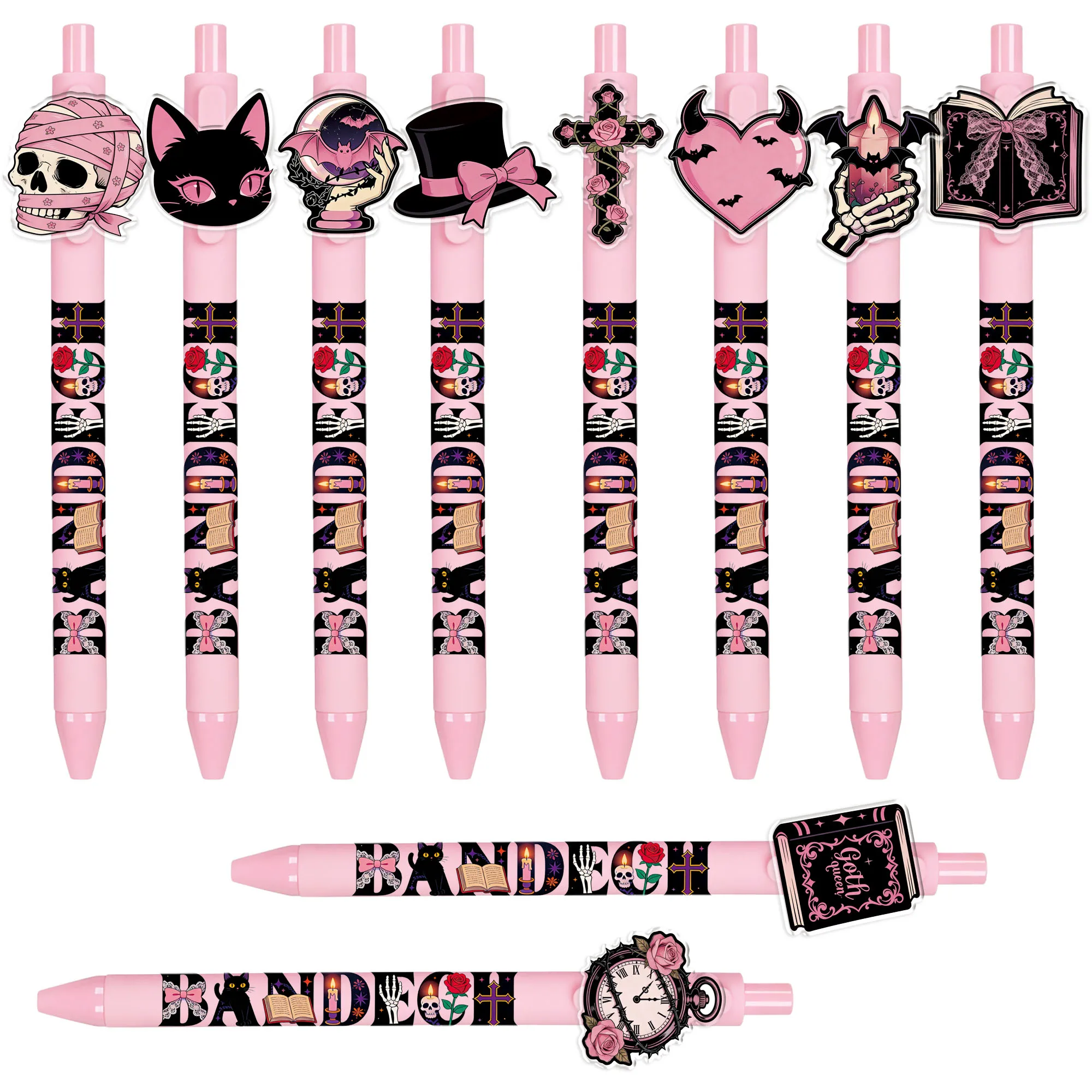 10 pieces / 20 pieces pink gothic-themed ballpoint pens, pink-black skull rose-shaped push-button pens