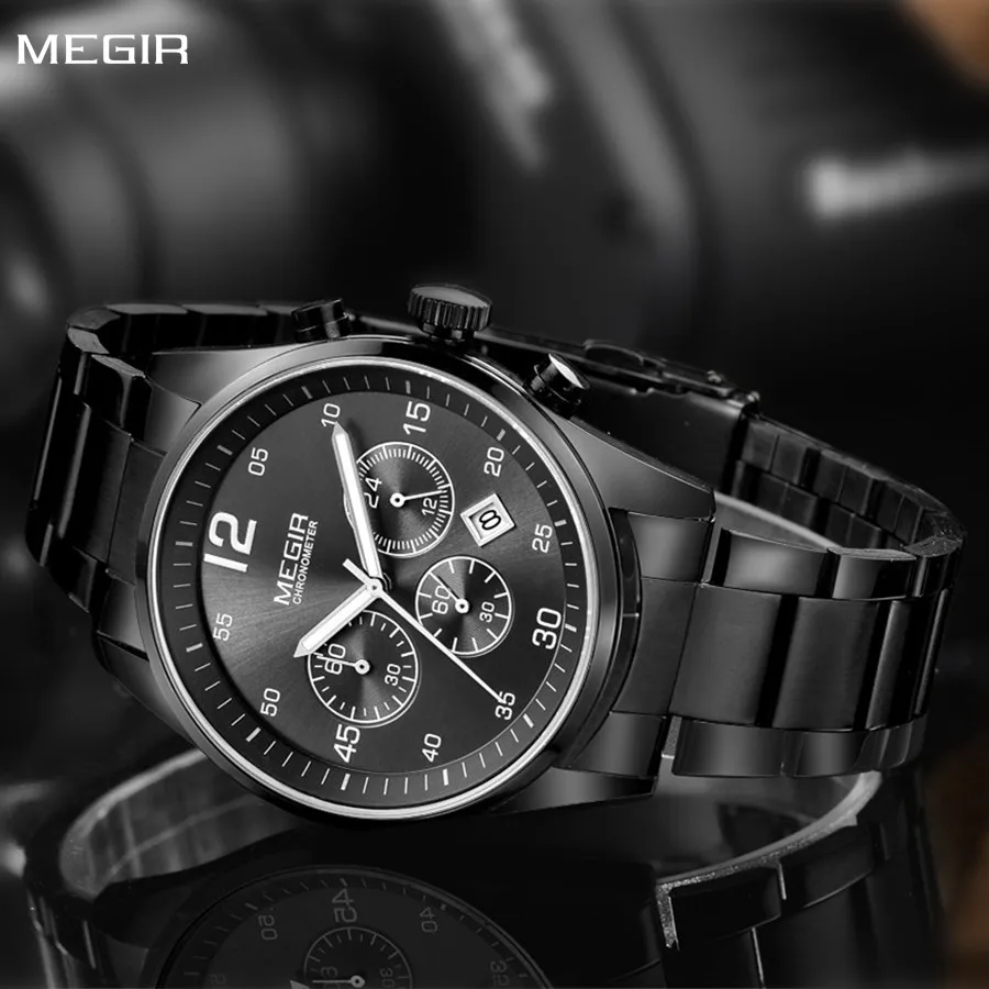 MEGIR 2010 Business Simple Big Dial Watch Stainless Steel Band Calendar Luminous Hands Waterproof Men Quartz Watches