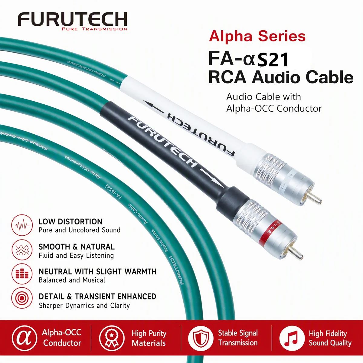 Furutech FA-αS21 Alpha OCC Single Crystal Copper HiFi Interconnect Cable, Audiophile RCA Signal Wire for Preamp DAC Amplifier