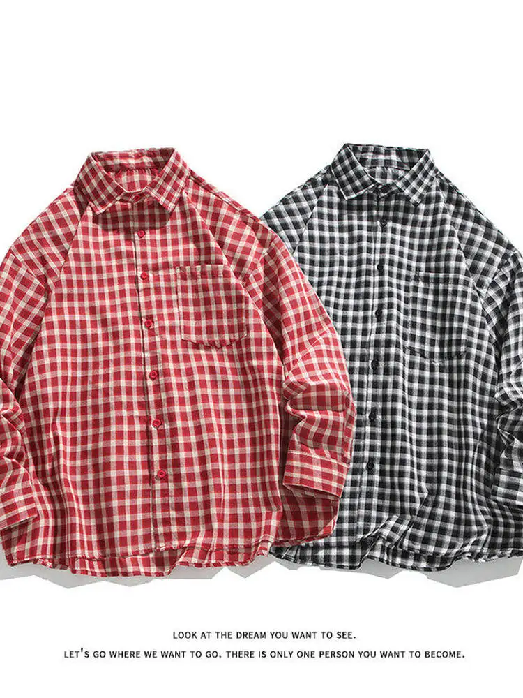 

Свободная женская рубашка с длинным рукавом в корейском стиле, повседневная, в красную клетку, летняя, модная, из смесового полиэстера и хлопка