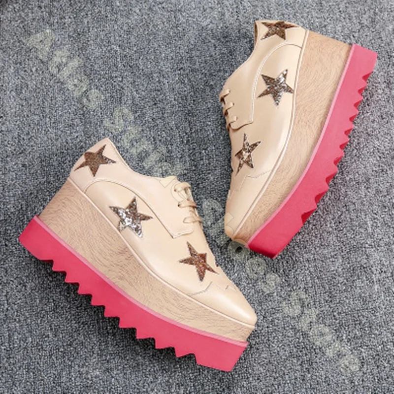 Zapatillas de plataforma plateadas metálicas con estrellas para mujer, con suela gruesa de cuña, con cordones, estilo vintage Y2K, para streetwear y senderismo.