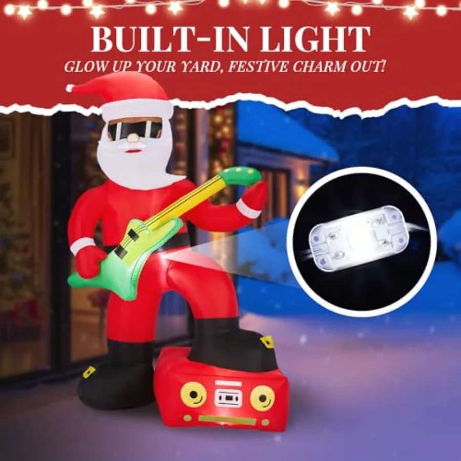 Outdoor Christmas Inflatable Decor: 7.5 Feet Black Santa Guitar Player, PVC Material, Black Color, LED Light-Up Feature for Yar