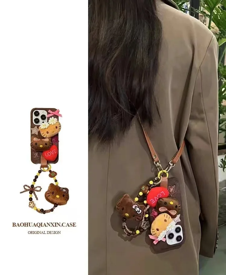 Vintage Brown Cute Black Sanrio Hello Kitty Phone Case for IPhone 15 14 13 12  Pro Max Crossbody Back Cover Protective Shell