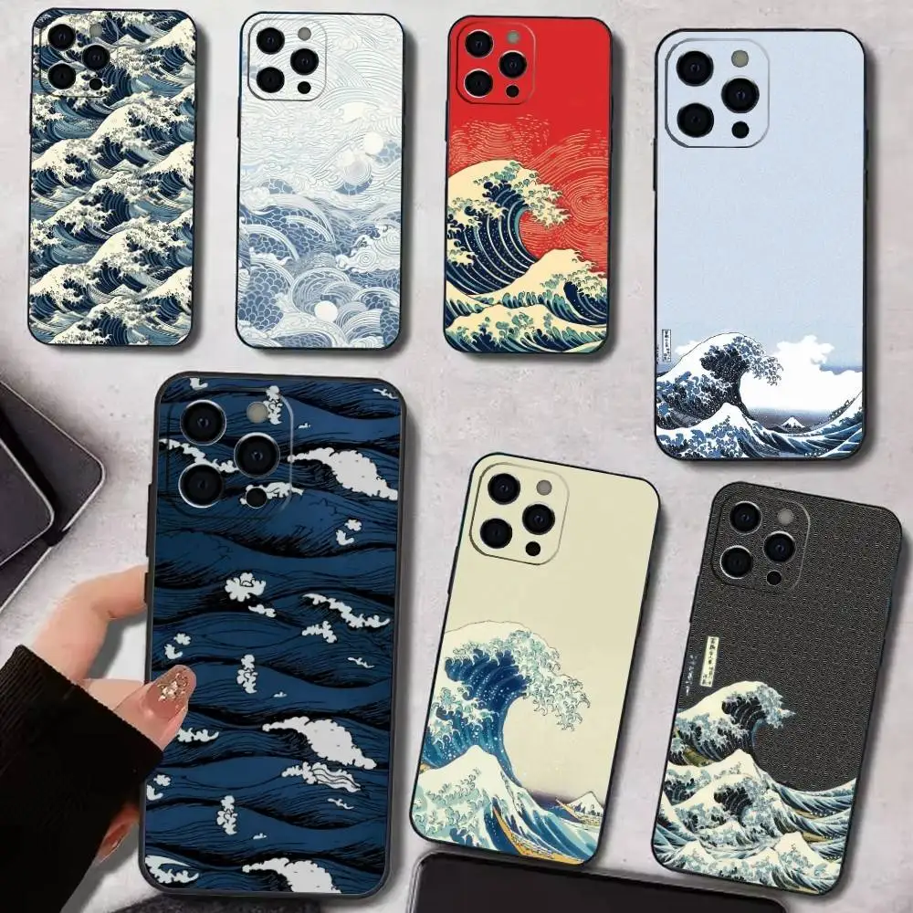 

Ocean Waves Ukiyo-e Phone Case For iPhone 17,16,15,14,13,12,11 Plus,Pro Max,XS,Soft Black Cover