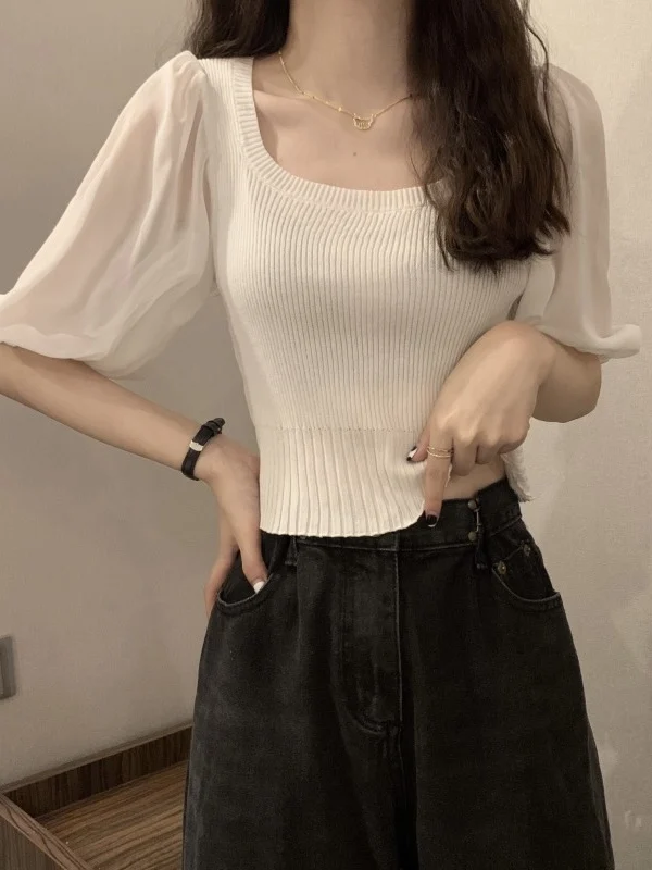 Design Sensation  Women's T-shirt Short Sleeve Summer Thin Splice Chiffon Bubble Sleeve Knitted Top Daily Style Standard...