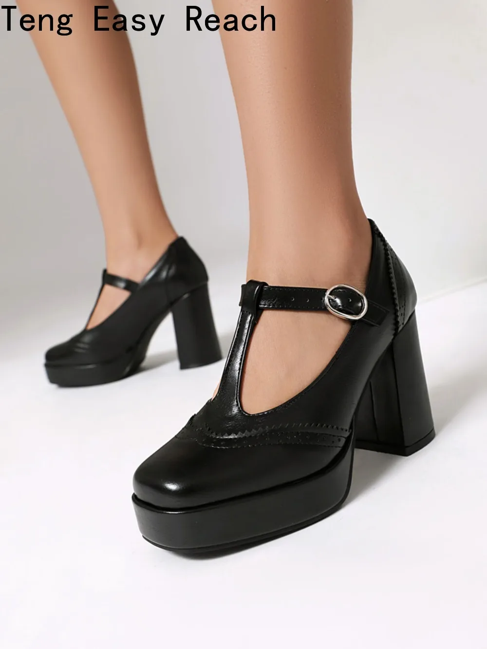 Classic Mary Janes Leather Shoes for Women OL Pumps French Square Toe Platform T-Strap Plus Size 35-43 Vintage Daily Shoes New