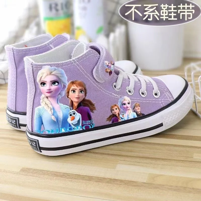 Sepatu kasual anak Frozen, sepatu anak papan kanvas wanita, sepatu kasual ukuran besar, sepatu anak Frozen, gambar sebenarnya Anna Queen Elsa Frozen, baru, 2024