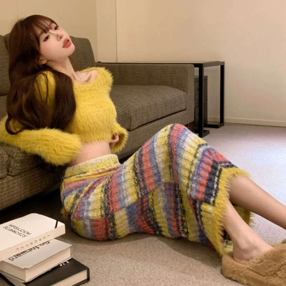 Autumn Winter Skirt Suit Women Bare Midriff Sweet Yellow Sweater + Furry Stripe Knit Long Skirts Crop Pullovers Tops 2 Piece Set