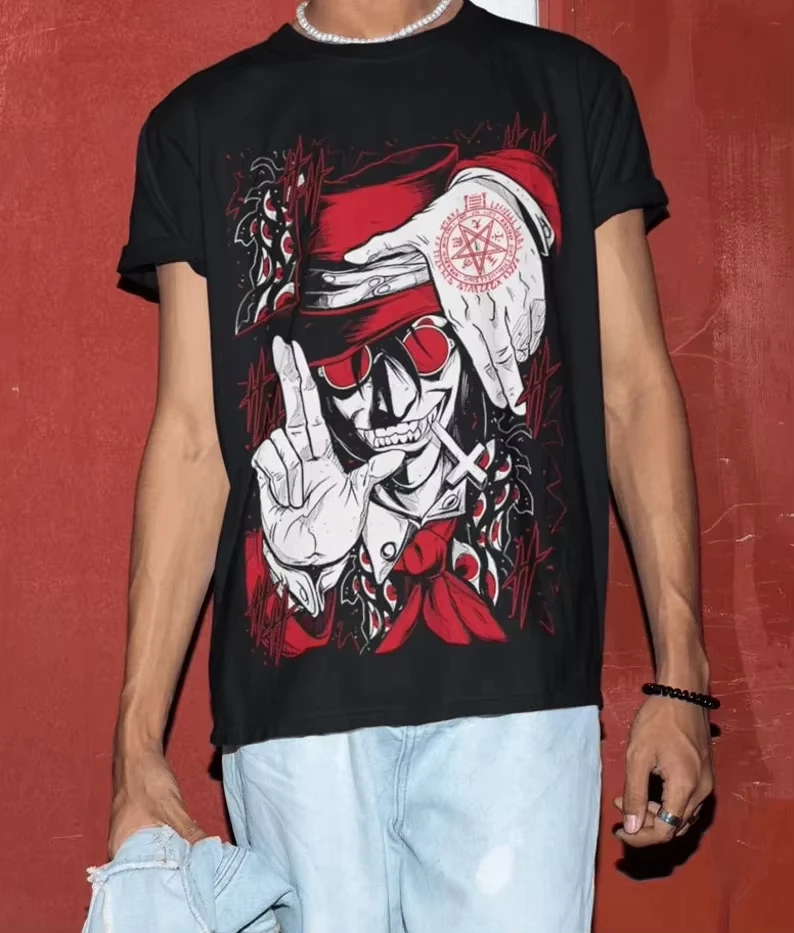 Streetwear Crew-neck Short-sleeved Men's T-shirtUltimate Vampire Anime T-Shirt Lovers Hellsing Alucard Face Hell Sing Gift Shirt