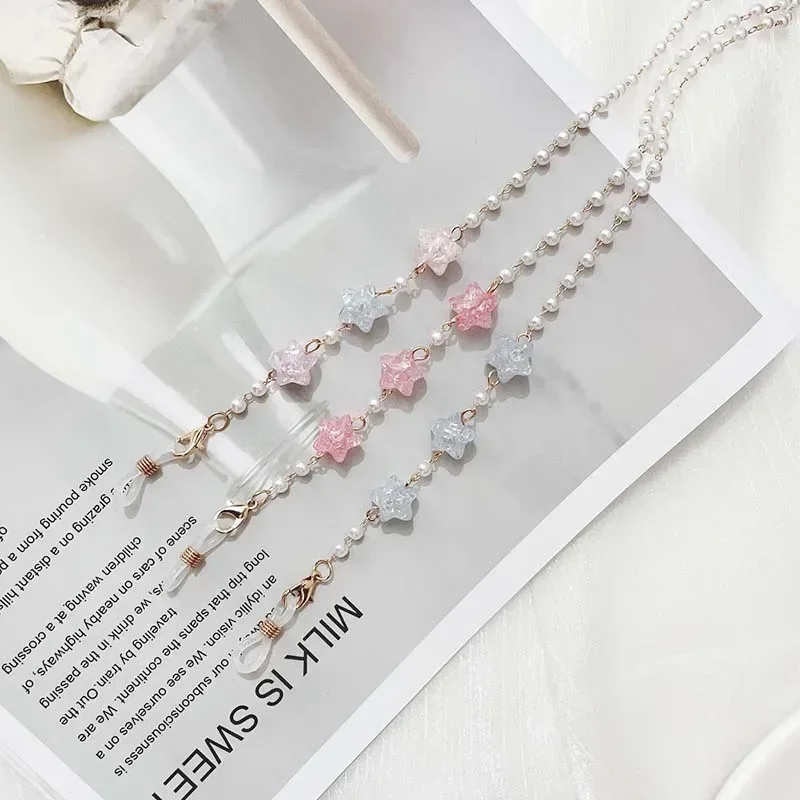 New Trendy Star Pearl Bead Reading Glasses Chain Lanyard Jewelry for Women Fashion Droplet Shaped Crystal Mask Holder Neck Rope