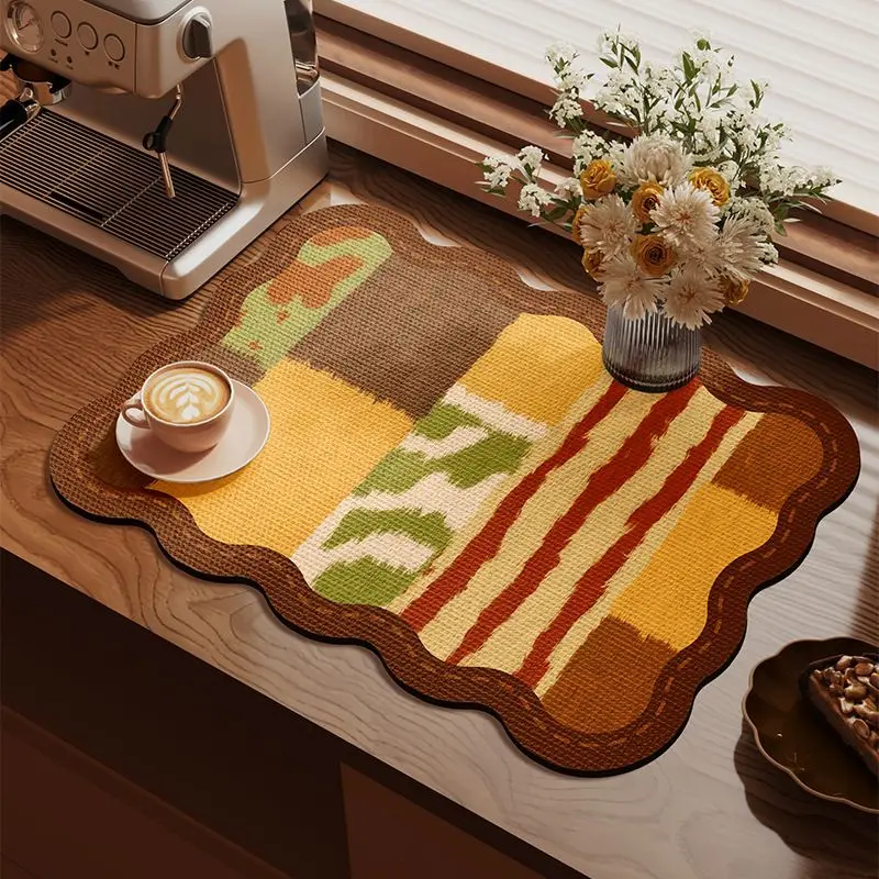 Wavy-Edged Checkered Dish Rack Mat Retro Farmhouse-Style Absorbent Quick-Drying Non-Slip Kitchen Bar Home Decor Mat