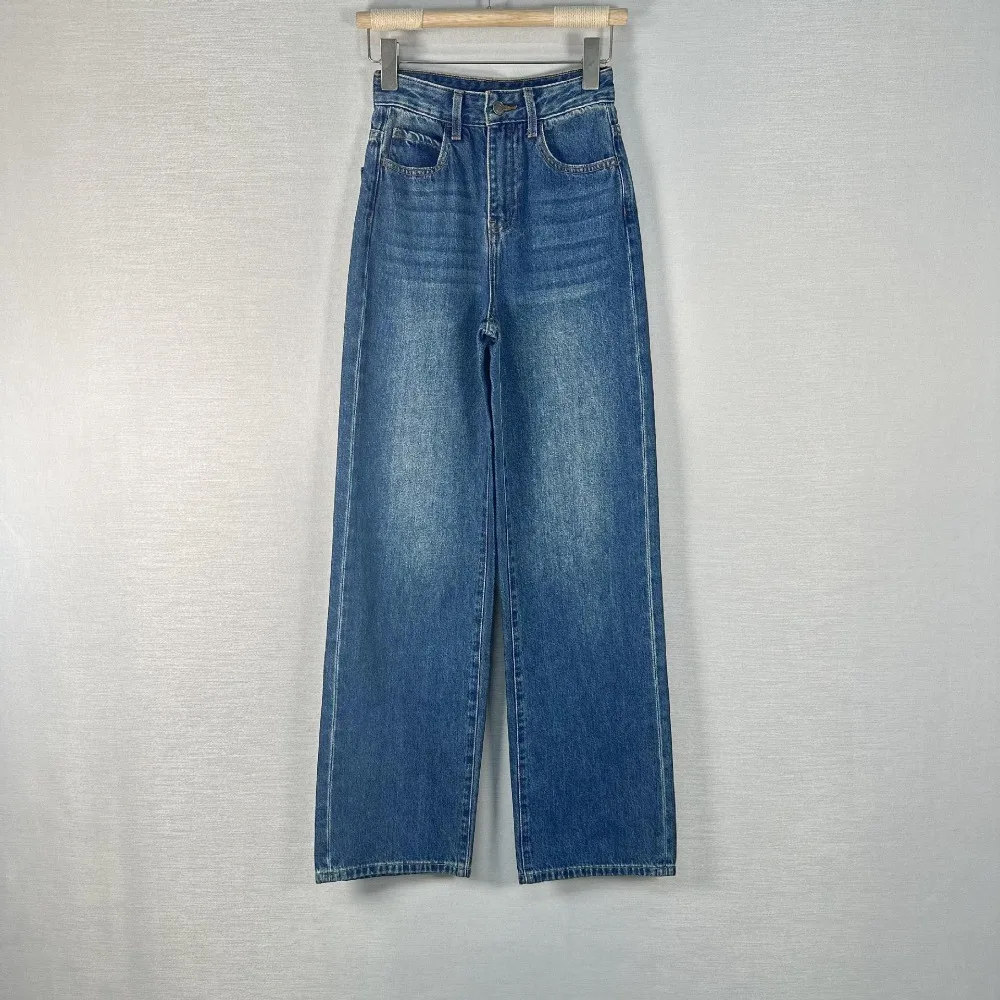 

Blue Slim Wide Leg Floor-length Trousers Straight High Waist Jeans for Women