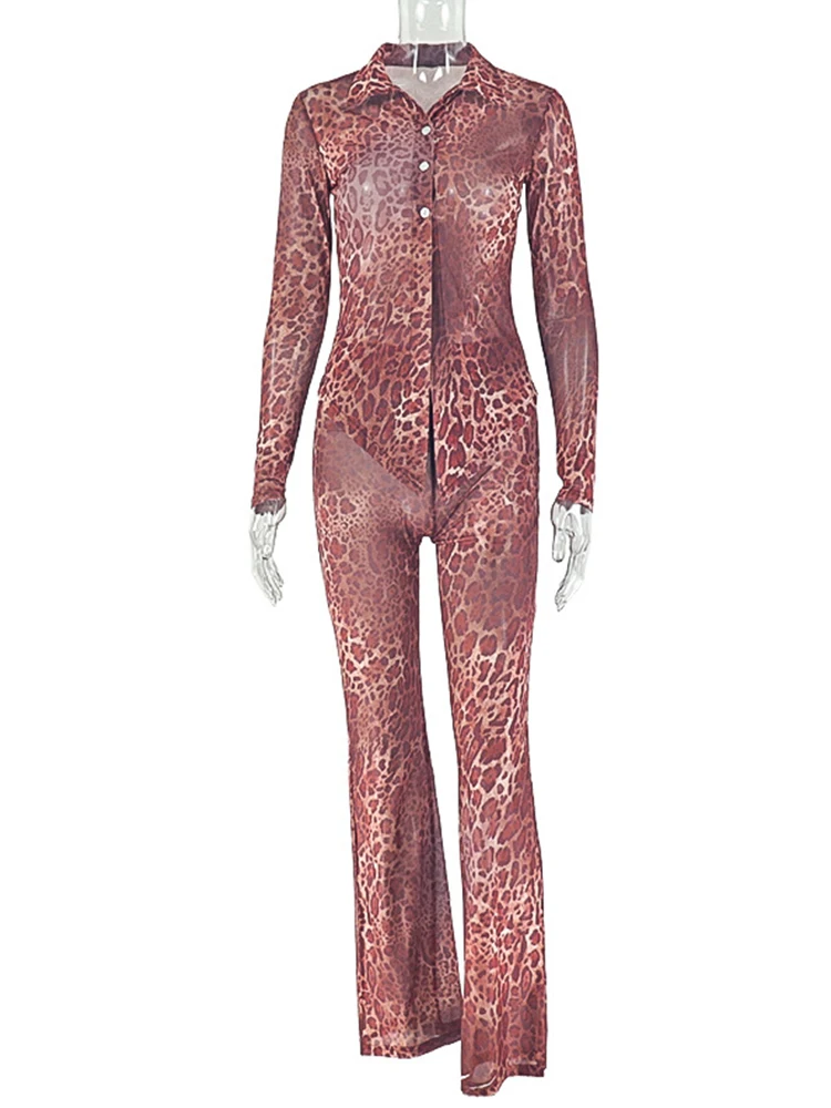 مجموعة غريبة شفافة من خلال قطعتين بلوزة نسائية بطبعة الفهد واحدة الصدر + سراويل ضيقة ملابس الشارع الشهير متطابقة #6