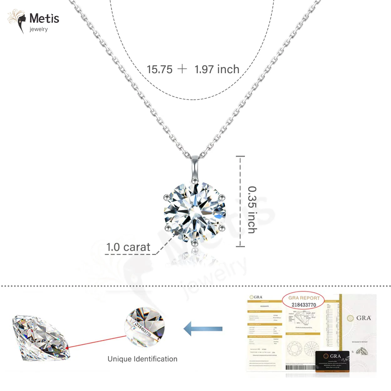Metis 2.0/1.0/0.5ct VVS1 D Color Moissanite Necklace 925 Soild Sterling Sliver Chain with Certificate Fine Jewelry for Woman