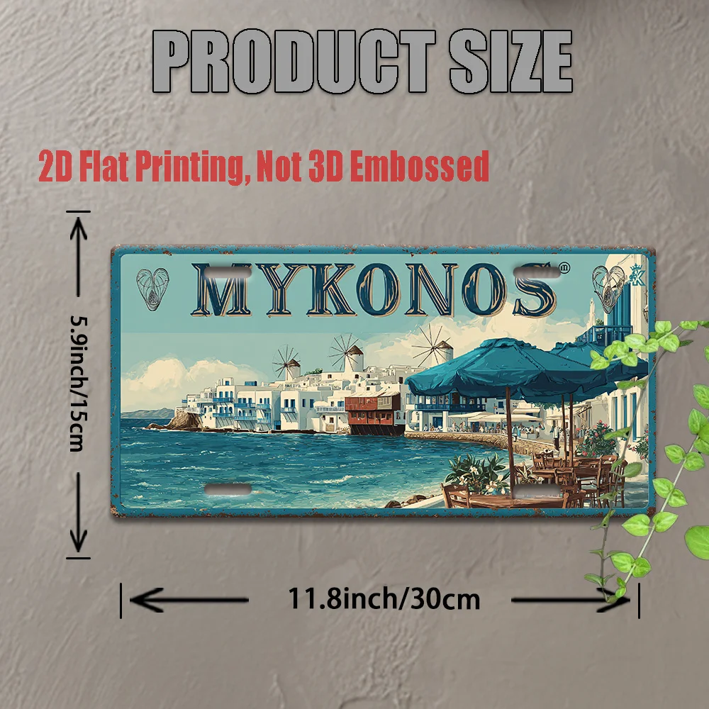 2D Flat 1 Retro Greek Island Mykonos  Metal Sign- Greek Coastal Decor, Suitable for Home, Bar, Cafe, Garage, Office
