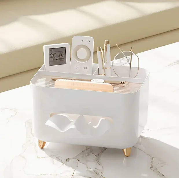 

Plastic Desk Organizer Box – Multipurpose Storage Tray with Tissue Box Container & Remote Control Organizer for Home Office