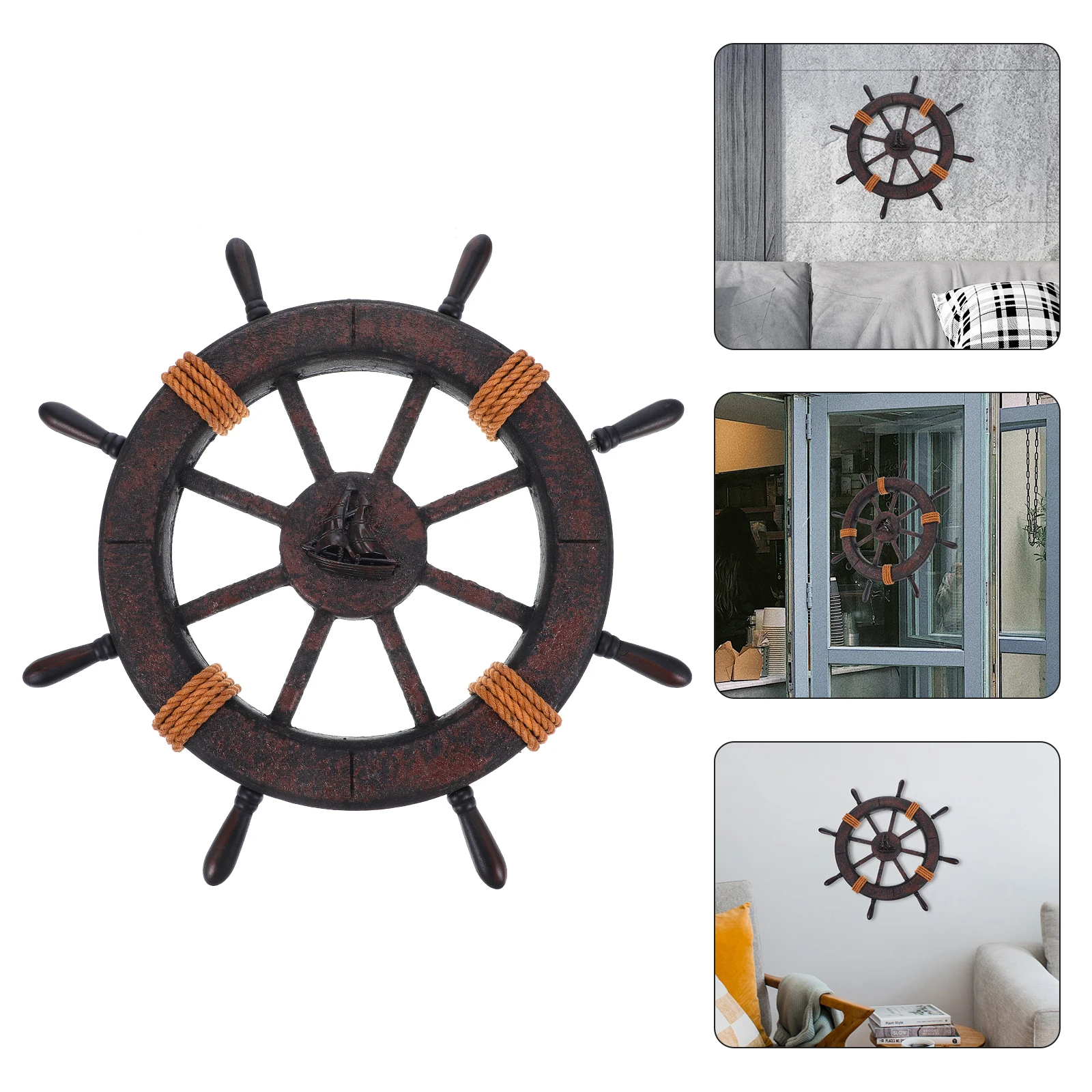 

Wooden Nautical Ship Steering Wheel Rudder Wall Decor Ornament Mediterranean Style Hanging Craft Decor For Home Office Bar