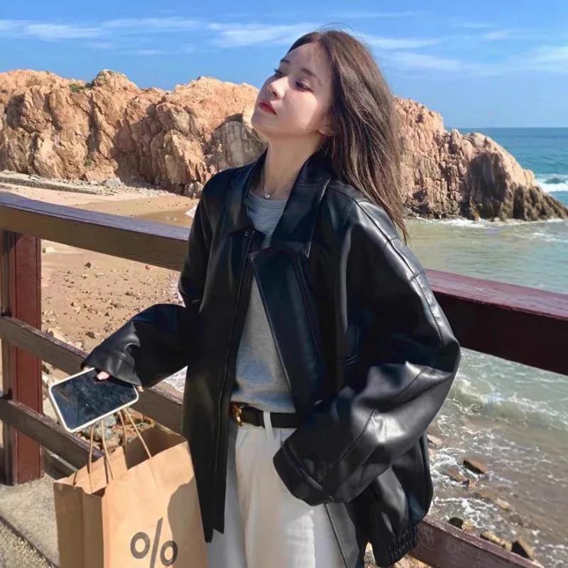 Elegant Sophisticated Solid PU Faux Leather Jacket Women Spring Autumn 2026 New Style Popular Fashion Motorcycle Women Top